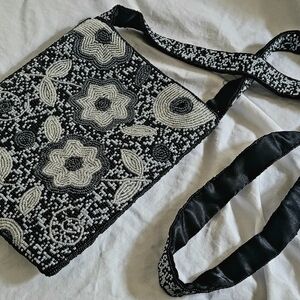 Elegant Black and White Beaded Shoulder Bag